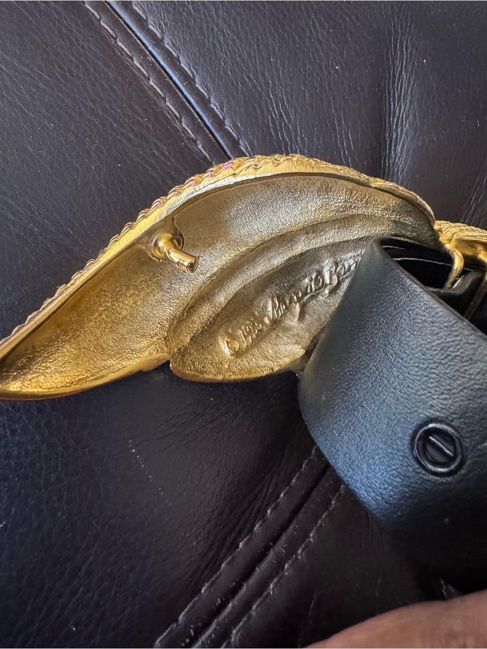 Black Leather Belt with Gold Leaf Buckle - Picture 3 of 5